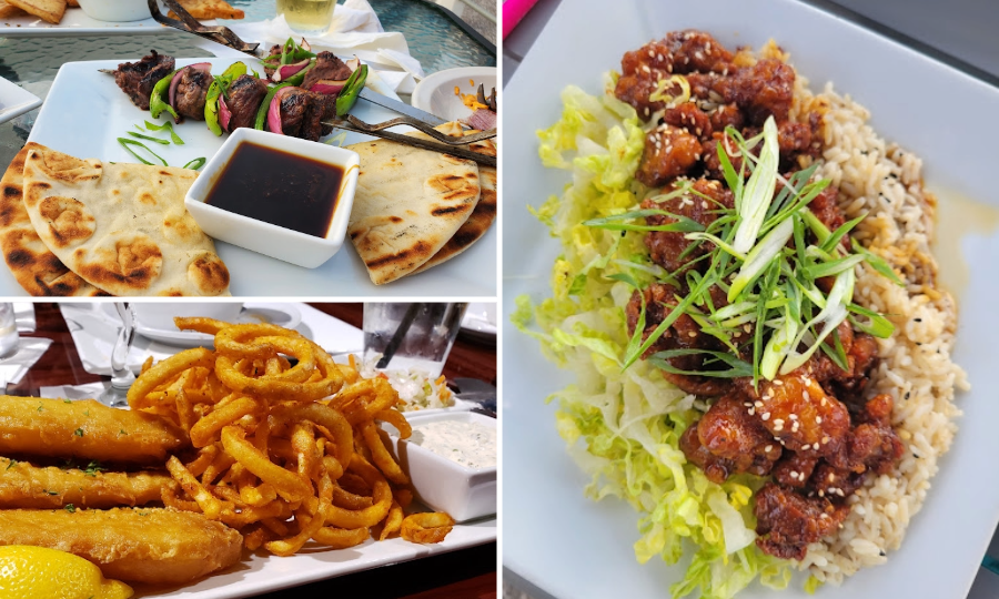 Grid view of Orange Tofu on sesame rice and lettuce bed, fish and chips with curly fries and dip, and Argentinian Beef Skewers accompanied with pita bread and dip.
