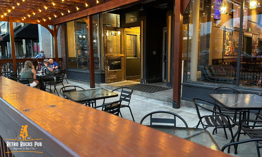 Close up of Retro Rocks Pub outdoor dining area in front of the Restaurant